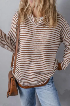 Clearance Dear-Lover Striped Turtleneck Loose Sweater Brown