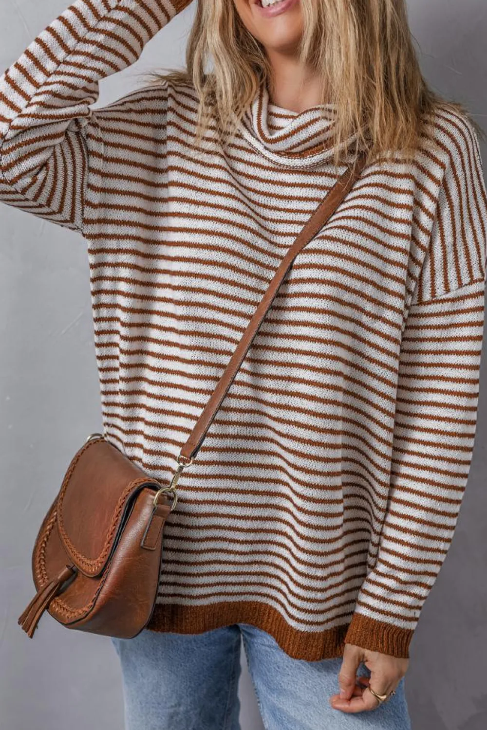 Clearance Dear-Lover Striped Turtleneck Loose Sweater Brown