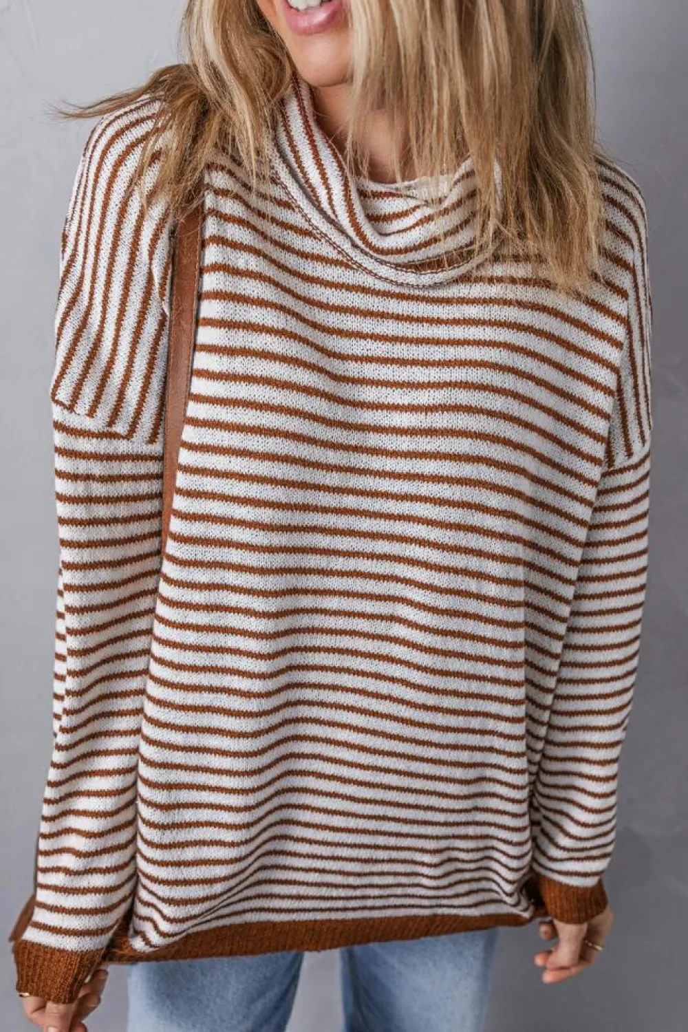 Clearance Dear-Lover Striped Turtleneck Loose Sweater Brown