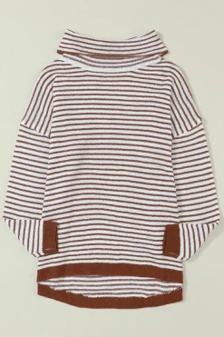 Clearance Dear-Lover Striped Turtleneck Loose Sweater Brown