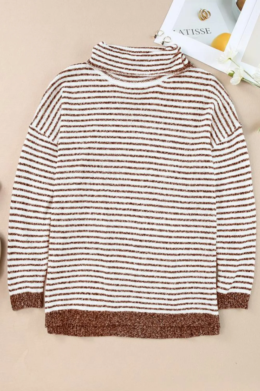 Clearance Dear-Lover Striped Turtleneck Loose Sweater Brown