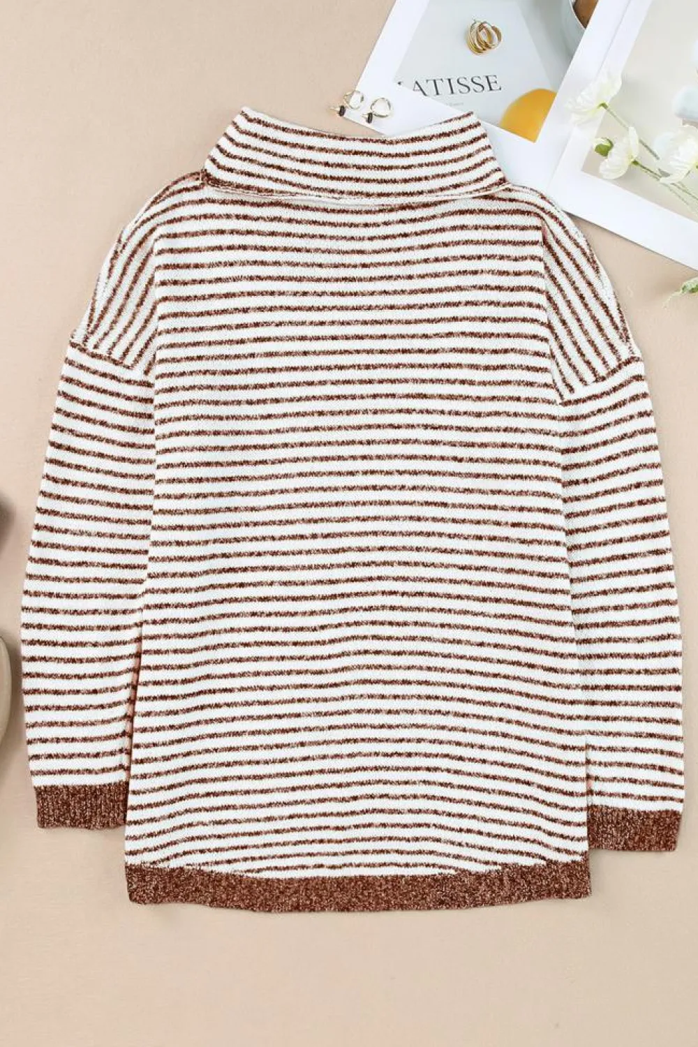 Clearance Dear-Lover Striped Turtleneck Loose Sweater Brown