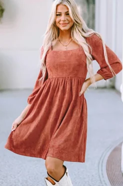 Fashion Dear-Lover Suede Square Neck Puff Sleeve Dress Brown