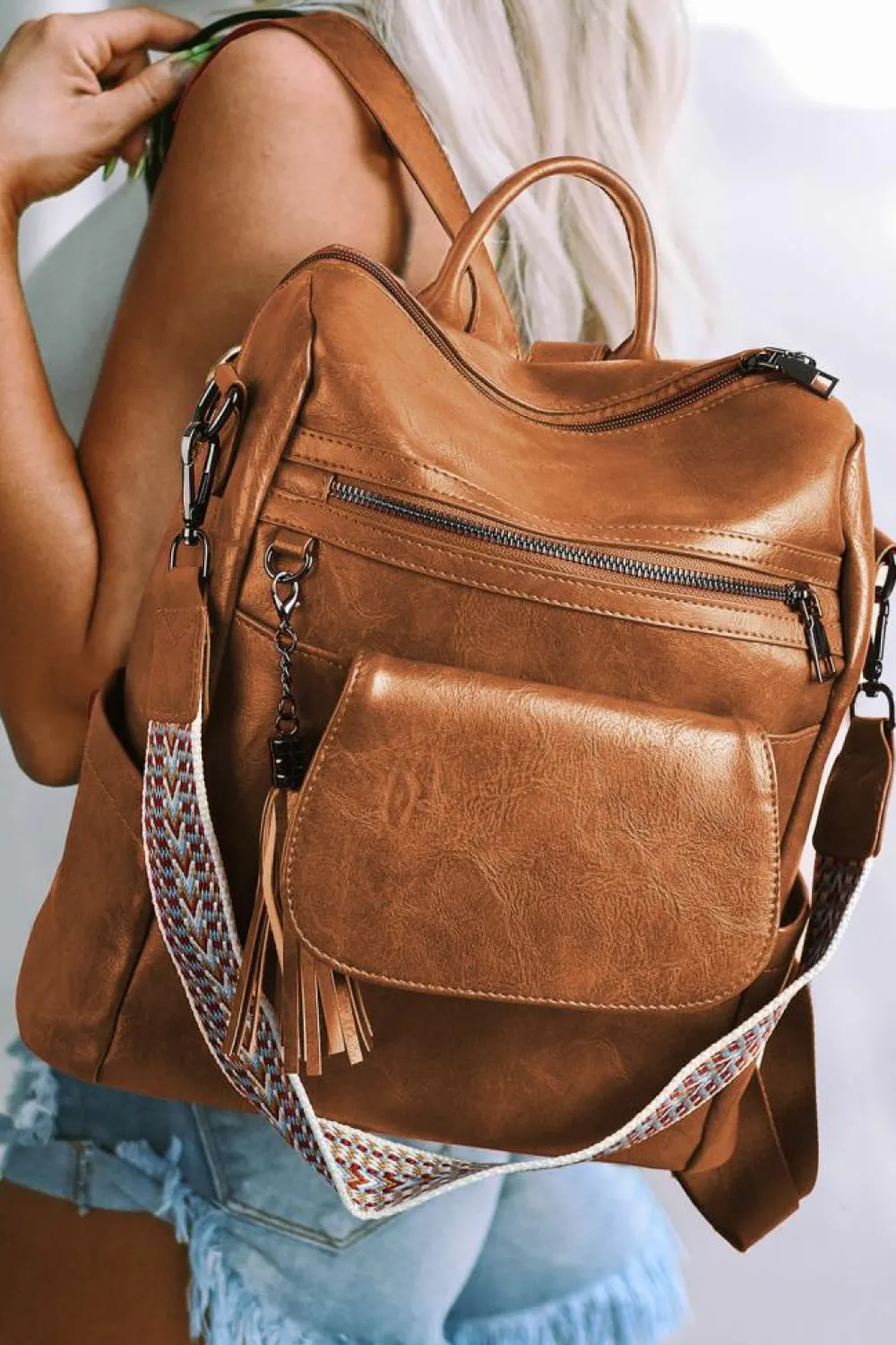 Sale Dear-Lover Tassel Decor Retro PU Large Capacity Backpack Brown
