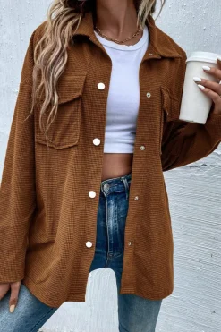 Sale Dear-Lover Textured Flap Pocket Drop Shoulder Shacket Brown
