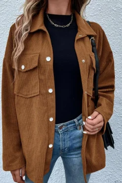 Sale Dear-Lover Textured Flap Pocket Drop Shoulder Shacket Brown
