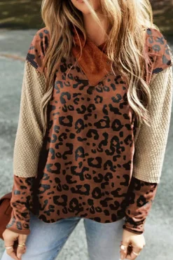 Outlet Dear-Lover Textured Knit Patchwork Leopard Hoodie Brown