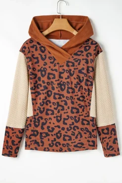 Outlet Dear-Lover Textured Knit Patchwork Leopard Hoodie Brown