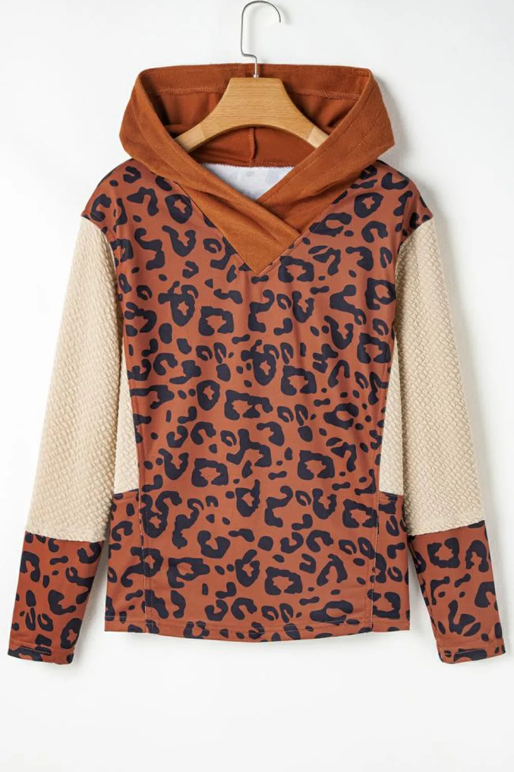Outlet Dear-Lover Textured Knit Patchwork Leopard Hoodie Brown