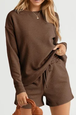 Online Dear-Lover Textured Long Sleeve Top and Drawstring Shorts Set Brown
