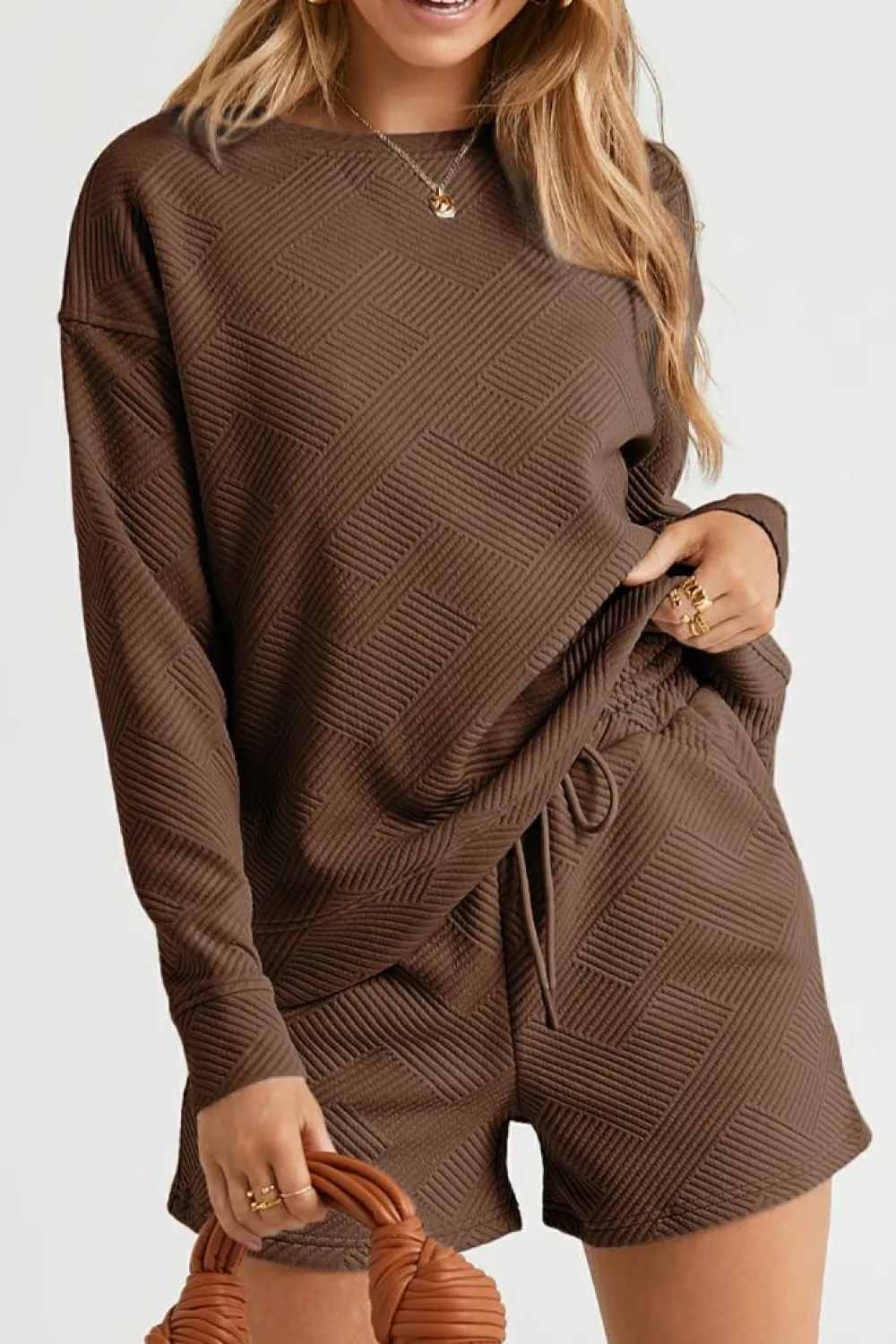 Online Dear-Lover Textured Long Sleeve Top and Drawstring Shorts Set Brown