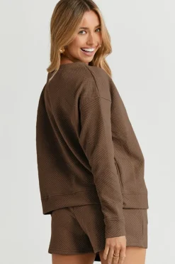 Online Dear-Lover Textured Long Sleeve Top and Drawstring Shorts Set Brown