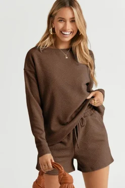 Online Dear-Lover Textured Long Sleeve Top and Drawstring Shorts Set Brown