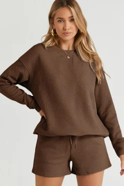 Online Dear-Lover Textured Long Sleeve Top and Drawstring Shorts Set Brown