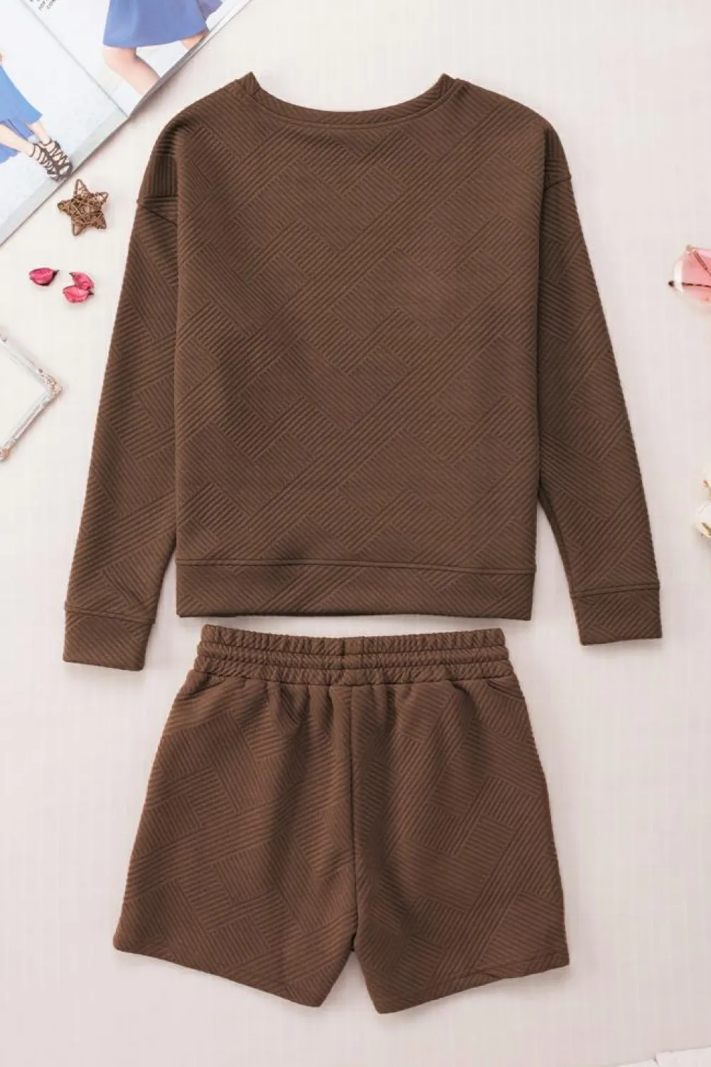 Online Dear-Lover Textured Long Sleeve Top and Drawstring Shorts Set Brown