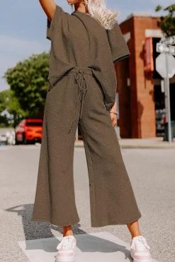 Online Dear-Lover Textured Loose Fit T Shirt and Drawstring Pants Set Brown