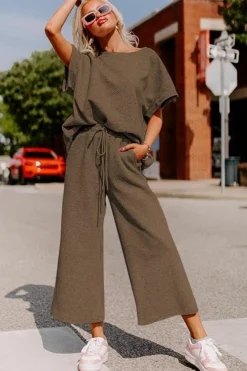 Online Dear-Lover Textured Loose Fit T Shirt and Drawstring Pants Set Brown