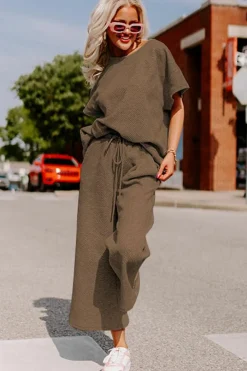 Online Dear-Lover Textured Loose Fit T Shirt and Drawstring Pants Set Brown