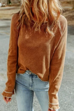 Outlet Dear-Lover Textured Round Neck Long Sleeve Top Brown