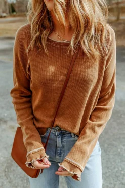 Outlet Dear-Lover Textured Round Neck Long Sleeve Top Brown