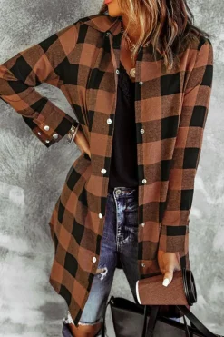 Outlet Dear-Lover Turn-down Collar Plaid Shirt Coat Brown