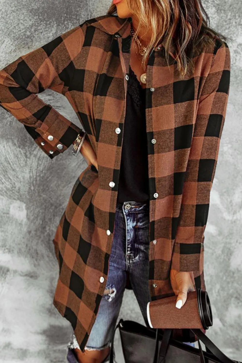 Outlet Dear-Lover Turn-down Collar Plaid Shirt Coat Brown