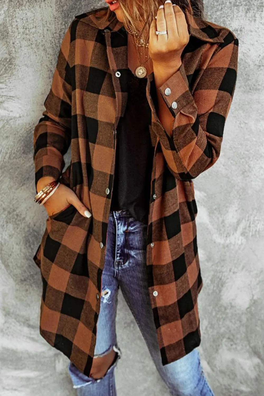 Outlet Dear-Lover Turn-down Collar Plaid Shirt Coat Brown