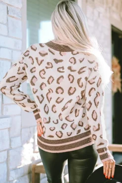 Sale Dear-Lover Two-tone Ribbed Trim Contrast Leopard Sweater Brown