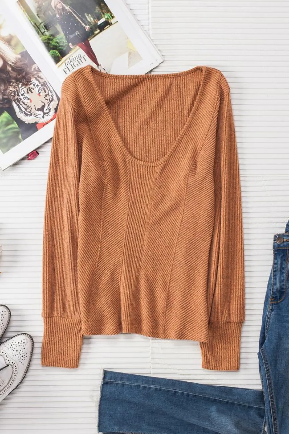 Outlet Dear-Lover U Neck Textured Long Sleeve Top Brown