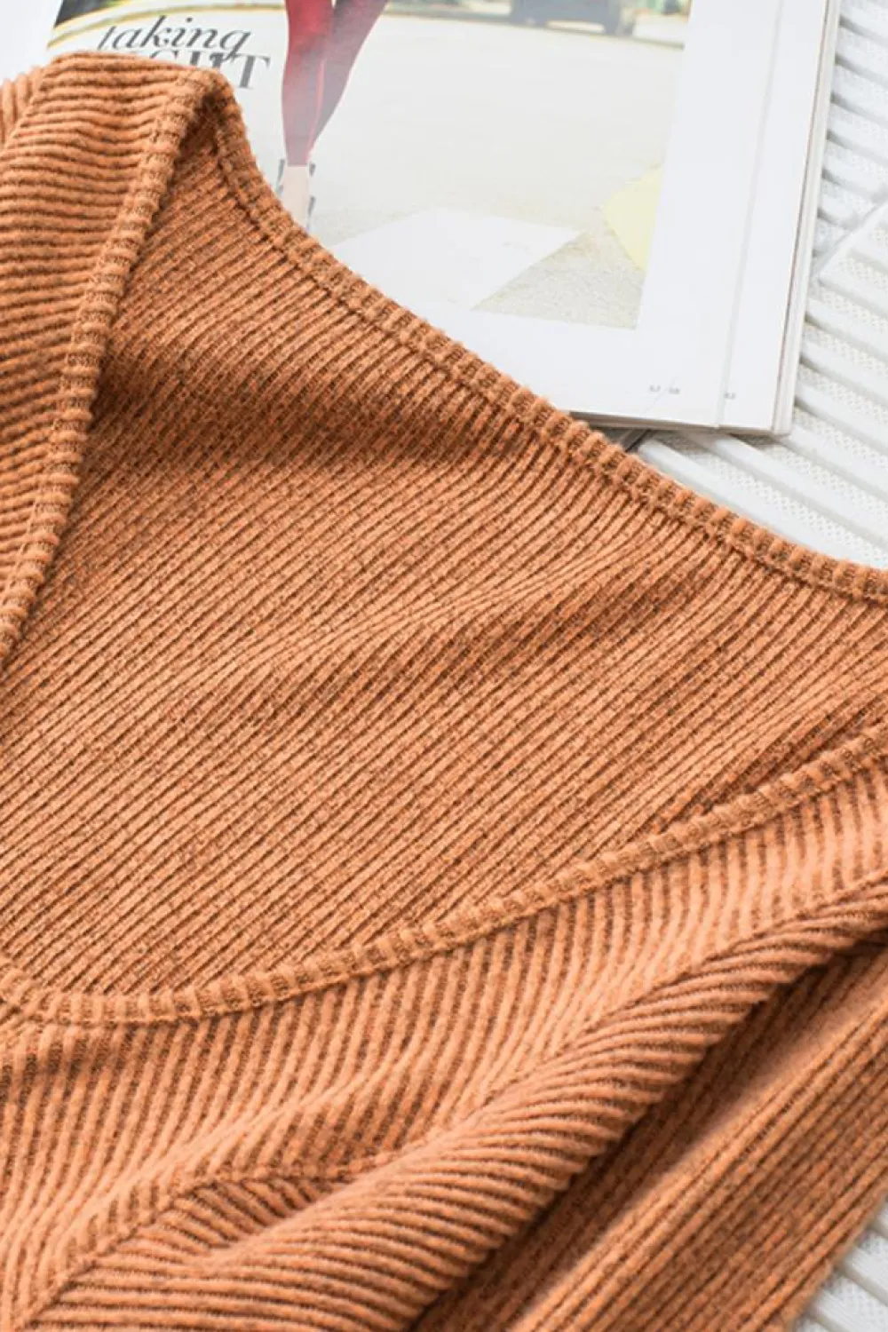 Outlet Dear-Lover U Neck Textured Long Sleeve Top Brown