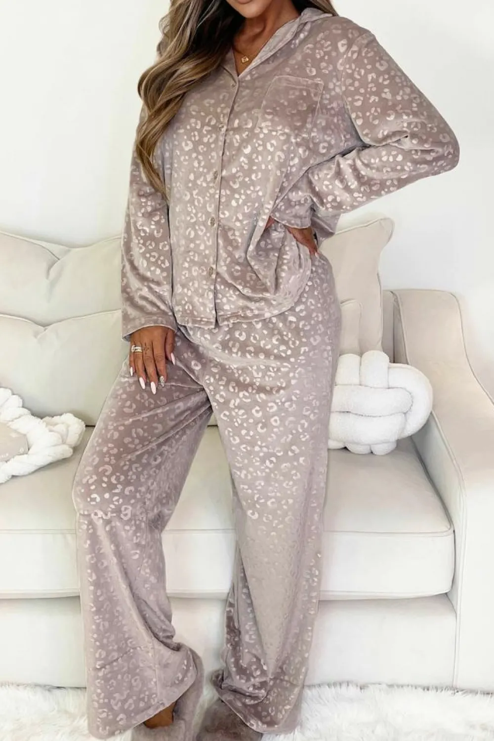 Sale Dear-Lover Velvet Leopard Print Shirt and Pants Pajama Set Brown
