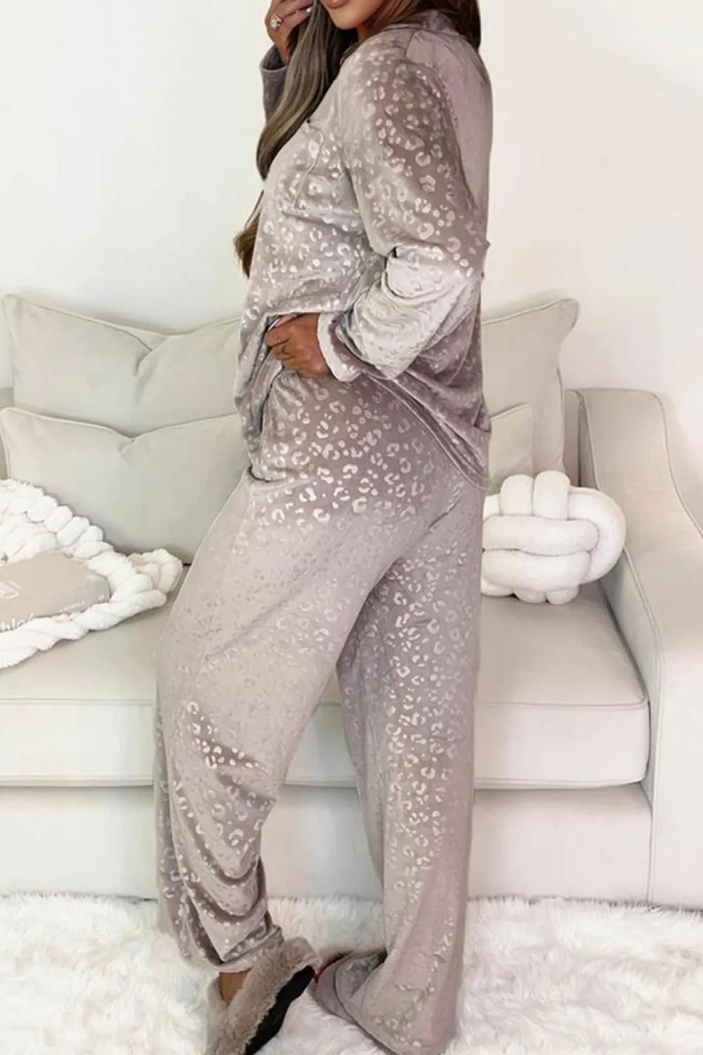 Sale Dear-Lover Velvet Leopard Print Shirt and Pants Pajama Set Brown