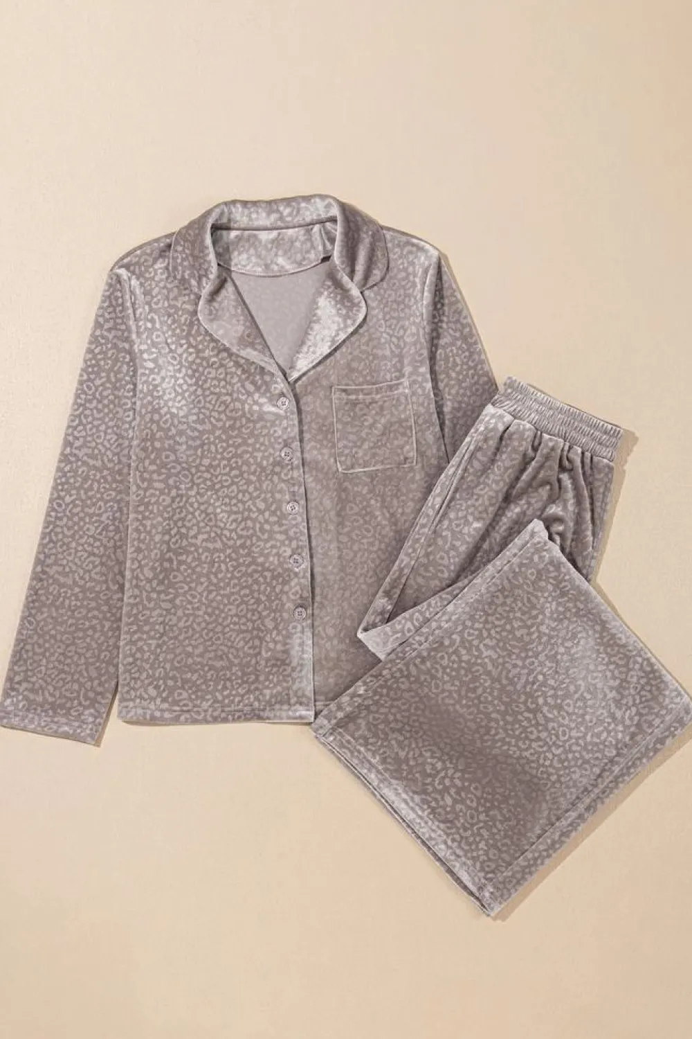 Sale Dear-Lover Velvet Leopard Print Shirt and Pants Pajama Set Brown