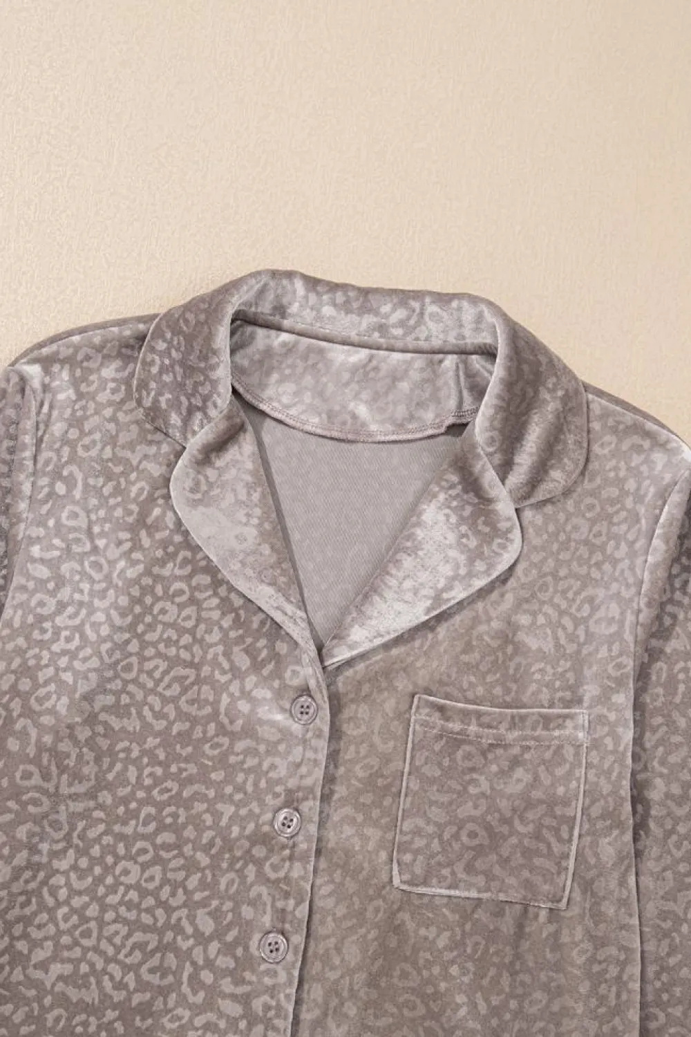 Sale Dear-Lover Velvet Leopard Print Shirt and Pants Pajama Set Brown