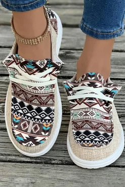 New Dear-Lover Vintage Aztec Patchwork Lace-up Decor Flat Shoes Brown