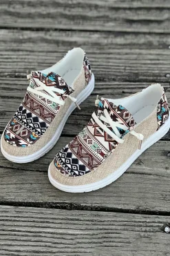New Dear-Lover Vintage Aztec Patchwork Lace-up Decor Flat Shoes Brown