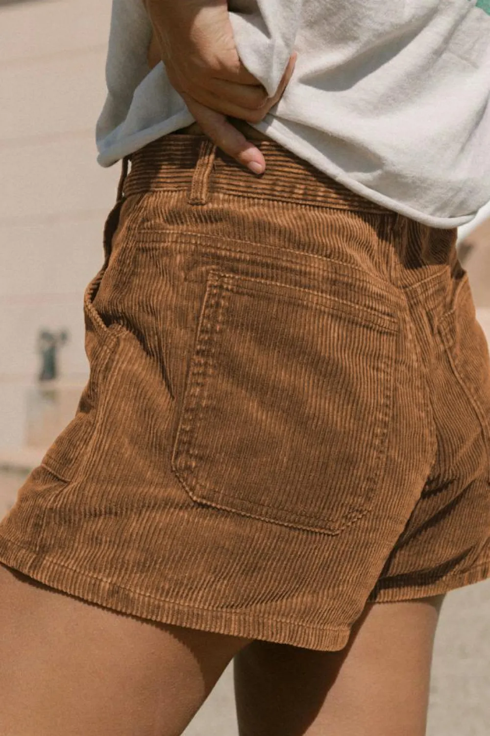 Outlet Dear-Lover Vintage Elastic Waist Back Pocketed Corduroy Shorts Brown