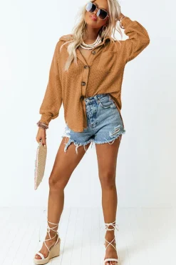 Online Dear-Lover Waffle Knit Button Up Casual Shirt Brown