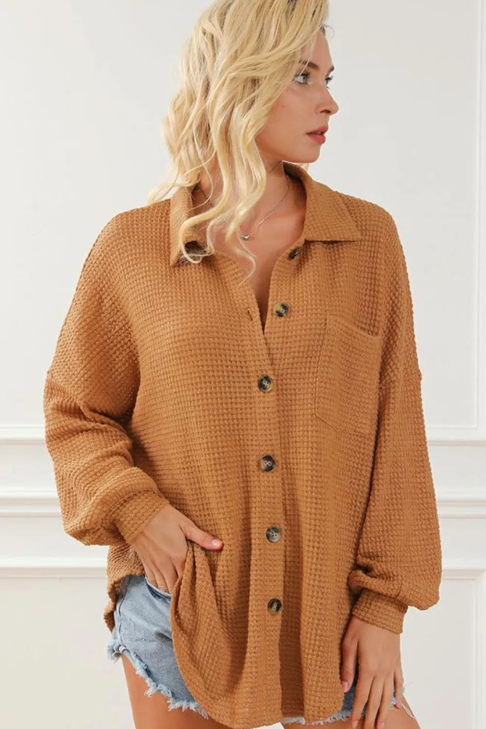 Online Dear-Lover Waffle Knit Button Up Casual Shirt Brown