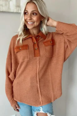 Outlet Dear-Lover Waffle Knit Button Contrast Trim Long Sleeve Top Brown