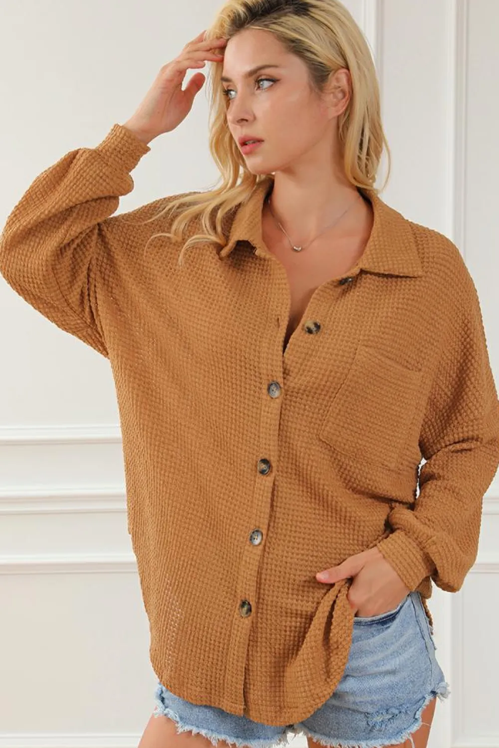 Online Dear-Lover Waffle Knit Button Up Casual Shirt Brown