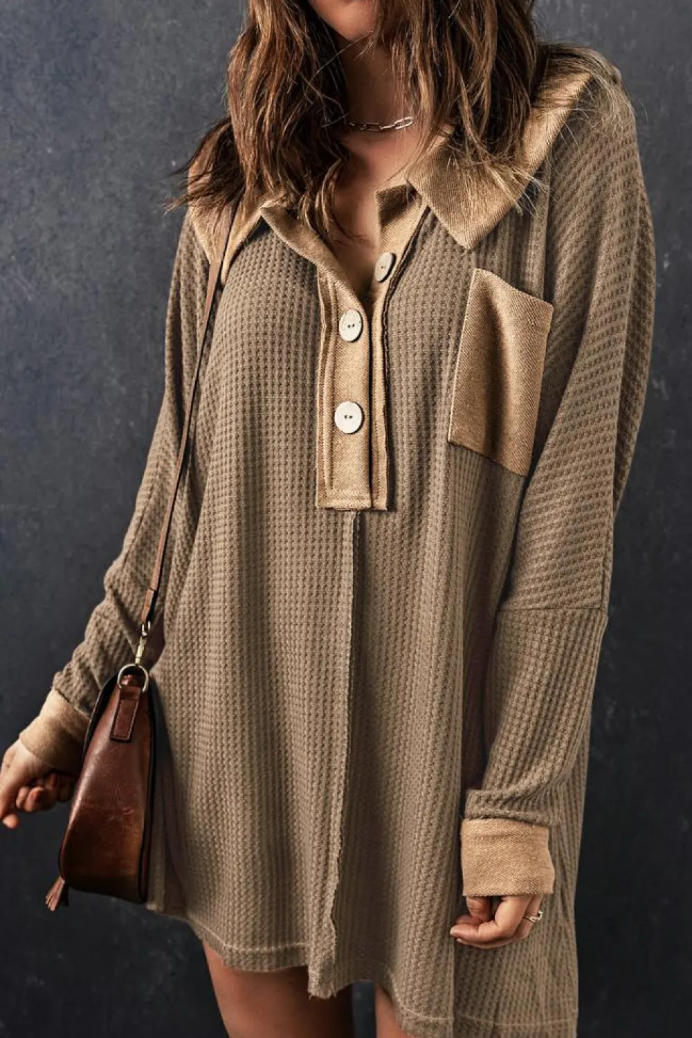 Best Dear-Lover Waffle Knit Buttoned Long Sleeve Top Brown
