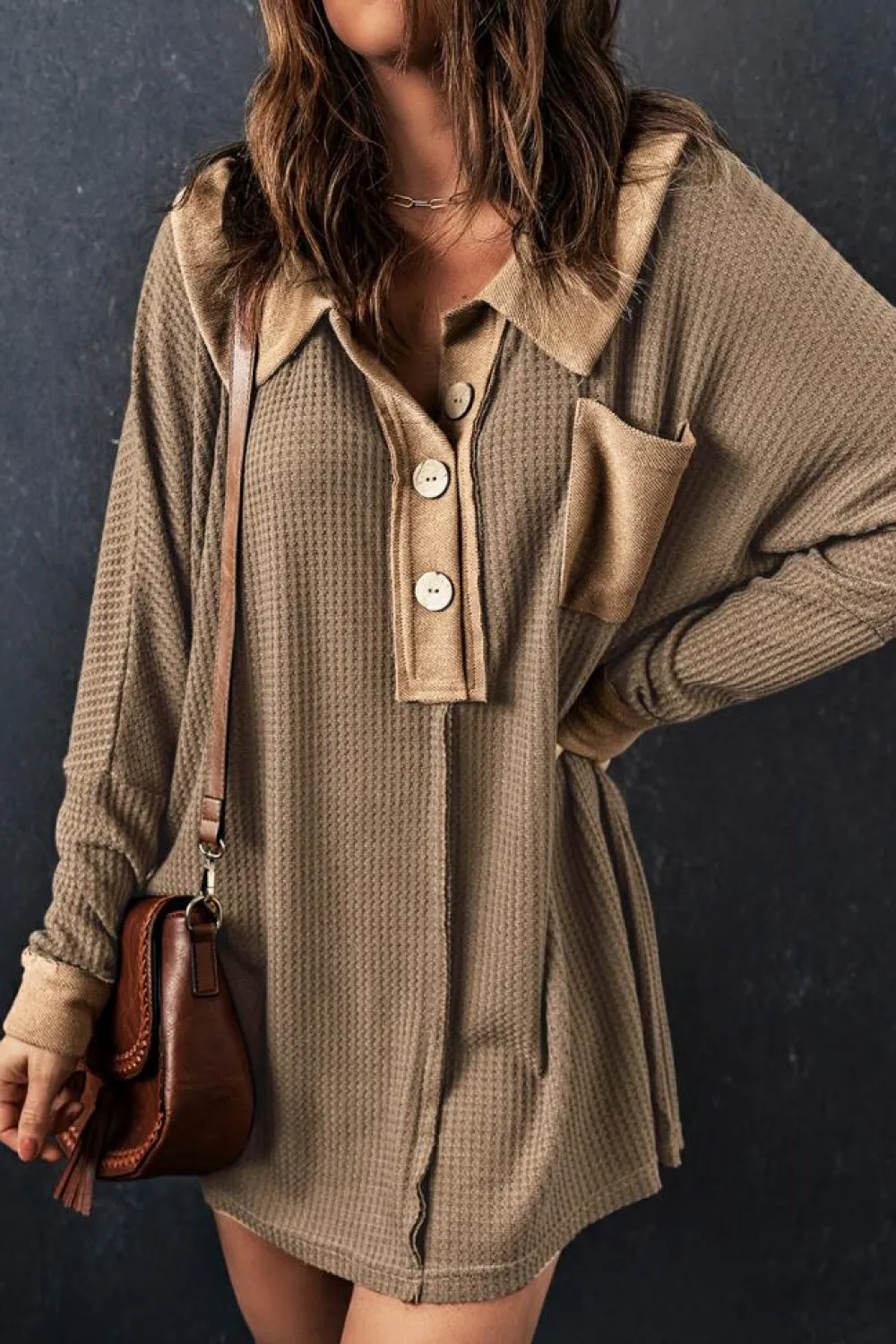 Best Dear-Lover Waffle Knit Buttoned Long Sleeve Top Brown