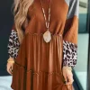 Hot Dear-Lover Waffle Knit Leopard Patchwork Long Sleeve Dress Brown