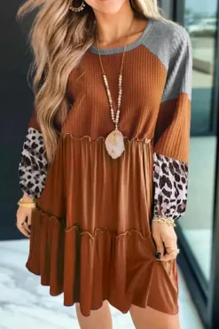 Hot Dear-Lover Waffle Knit Leopard Patchwork Long Sleeve Dress Brown