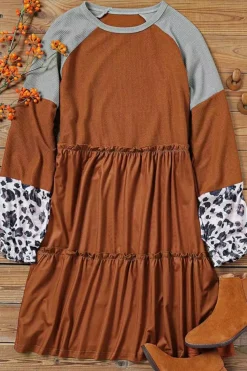 Hot Dear-Lover Waffle Knit Leopard Patchwork Long Sleeve Dress Brown
