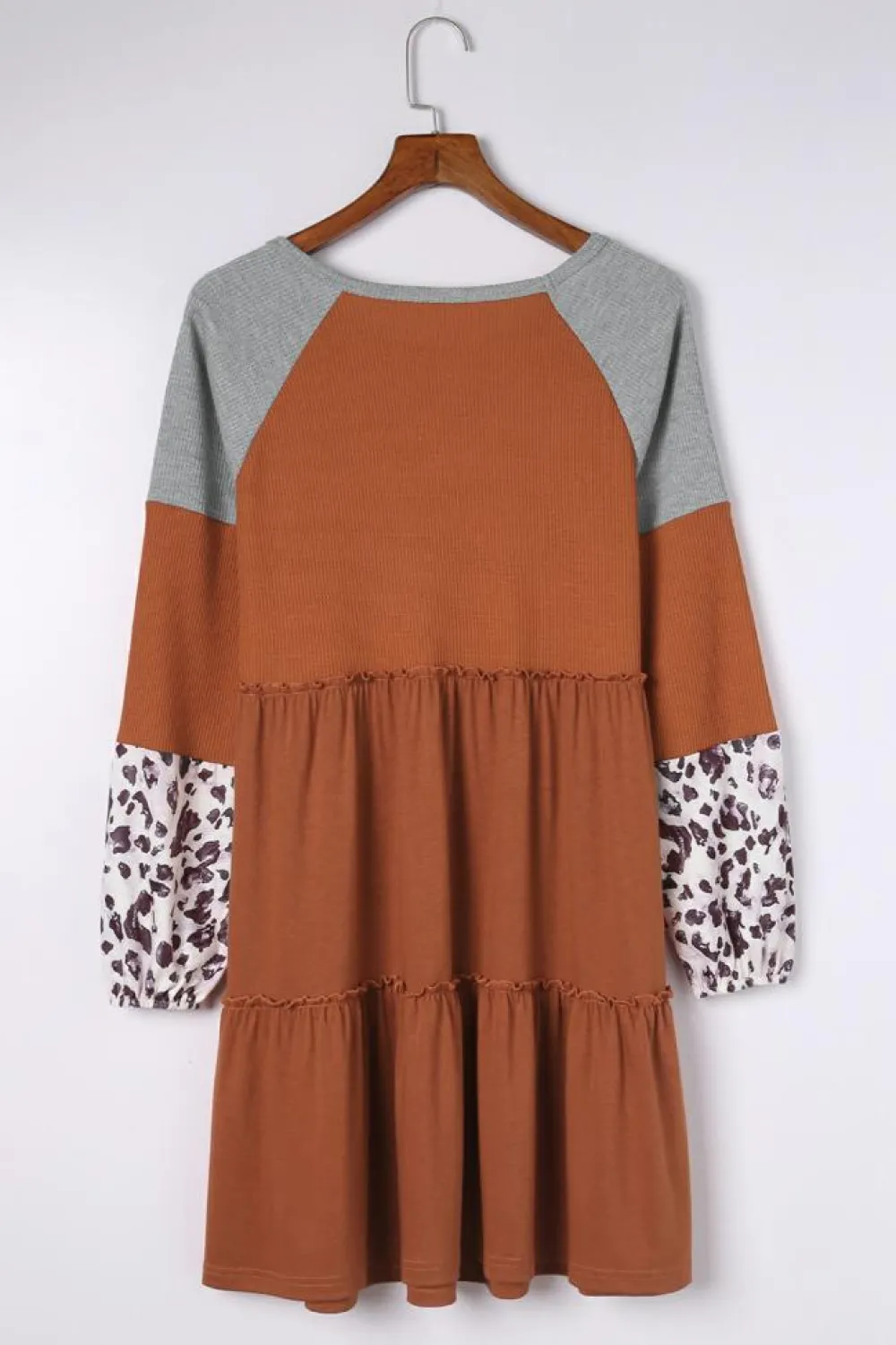 Hot Dear-Lover Waffle Knit Leopard Patchwork Long Sleeve Dress Brown