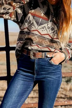 Outlet Dear-Lover Western Aztec Collared Button-up Sweatshirt Brown