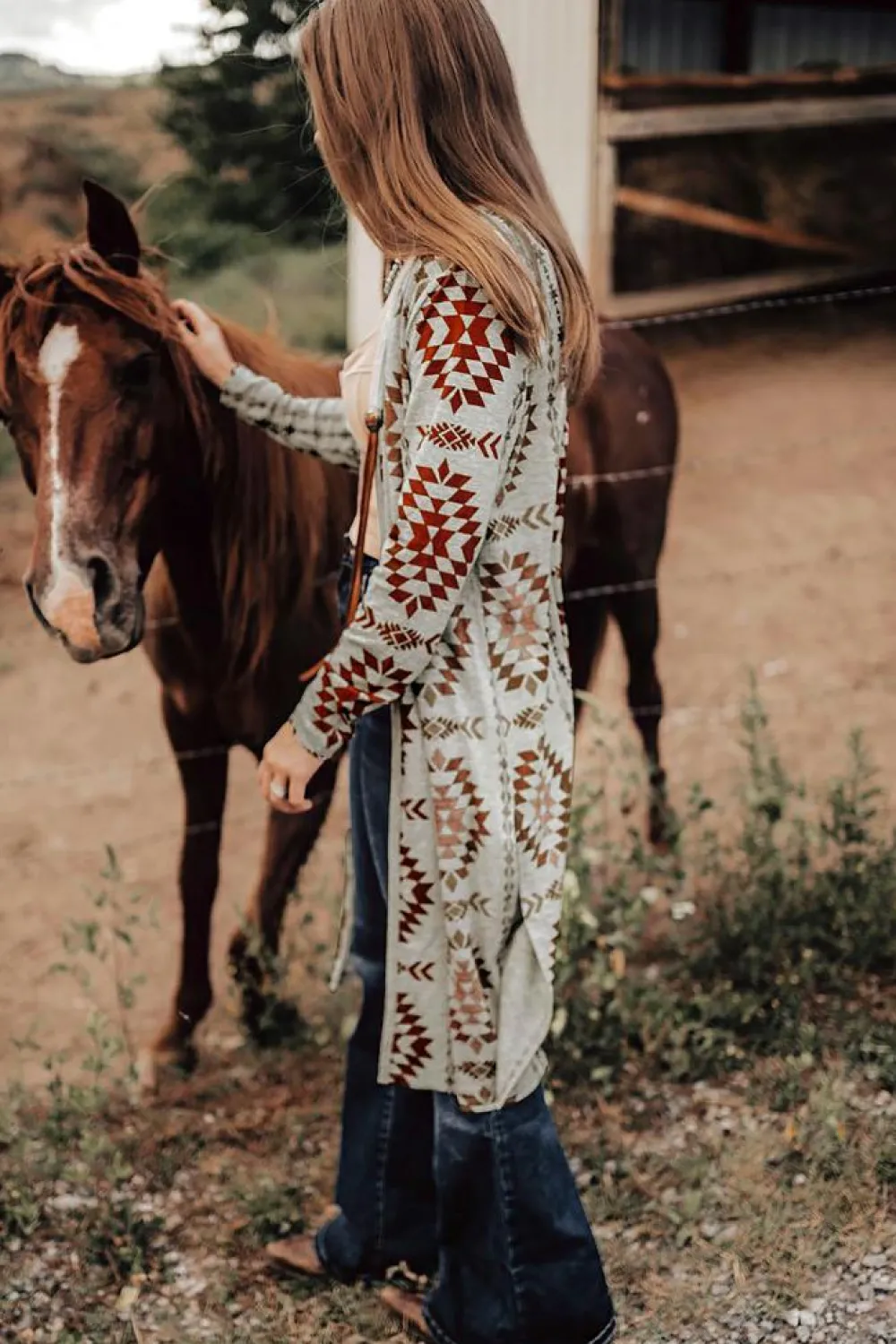 Sale Dear-Lover Western Aztec Printed Open Front Long Cardigan Brown