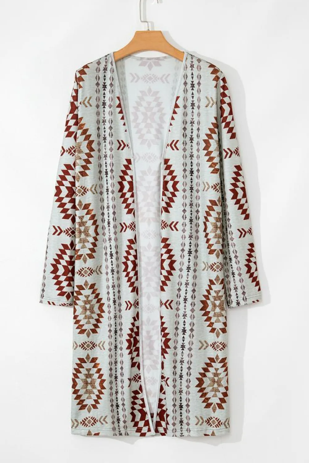 Sale Dear-Lover Western Aztec Printed Open Front Long Cardigan Brown